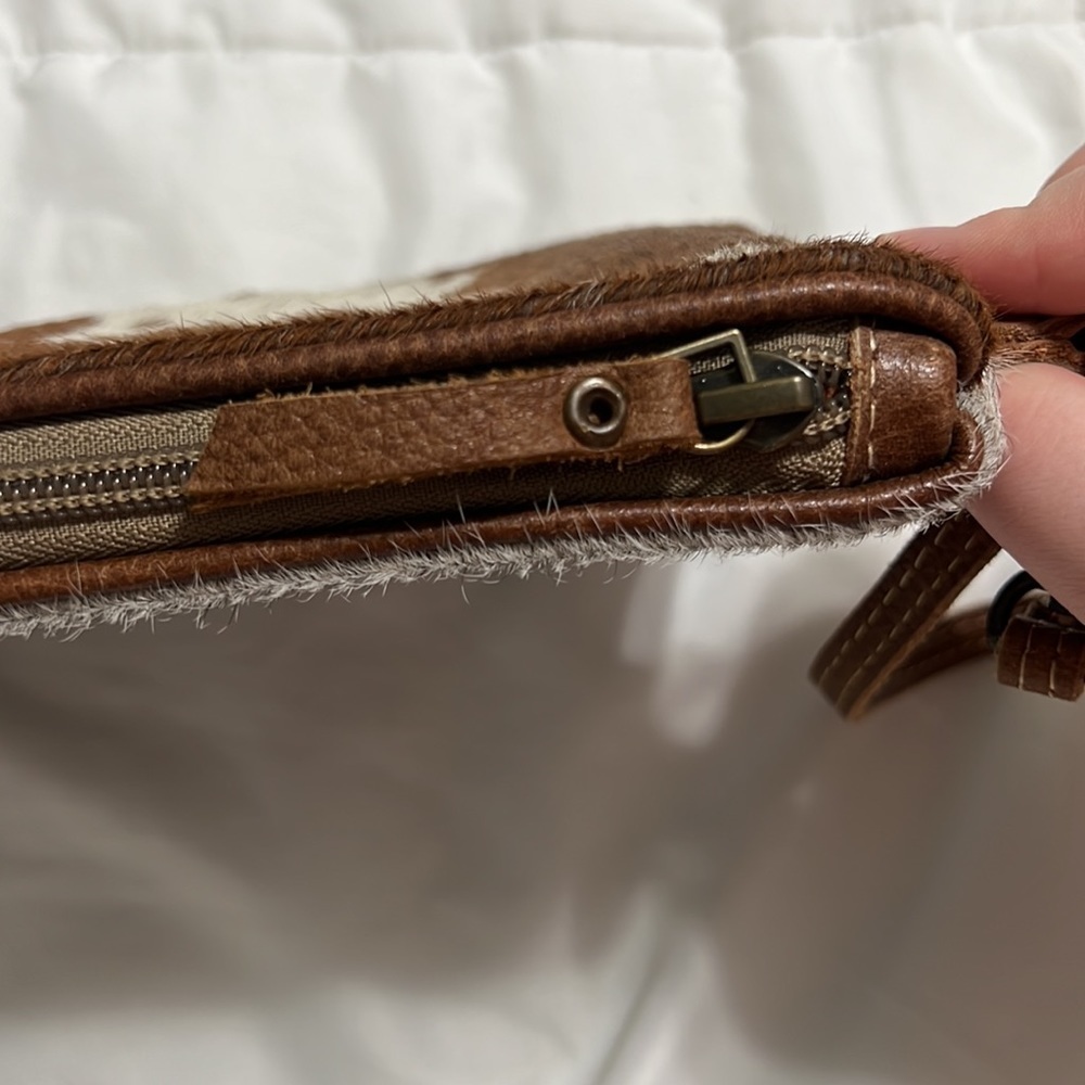 Cow Hair & Genuine Leather Myra Bag Lined Pouch Wristlet With Strap and Zipper - Picture 4 of 8